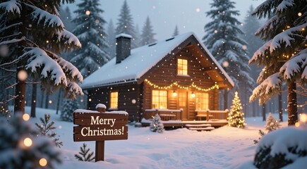 Cozy wooden cabin in a snowy winter forest at night. Christmas lights, snowfall, and a Merry Christmas! sign create a warm, festive holiday scene.