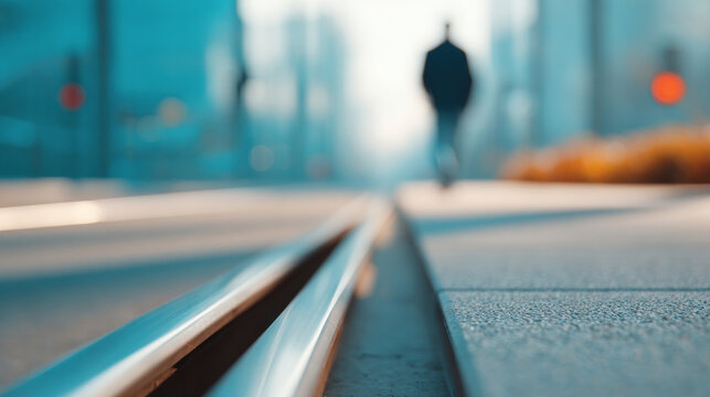 Blurred silhouette of a person walking along urban tram tracks with modern city buildings in soft focus background - Powered by Adobe