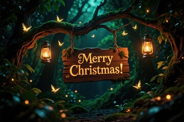 A magical, dark forest scene with a wooden sign reading Merry Christmas! hanging from a mossy branch, illuminated by glowing fireflies and rustic lanterns.