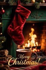 A festive Christmas scene with a red velvet stocking hanging by a dark green fireplace, a steaming mug of cocoa, and the text "Merry Christmas!" over a cozy fire.