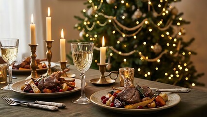 Fototapeta premium Elegant Christmas Dinner with Lamb Chops and Festive Tree