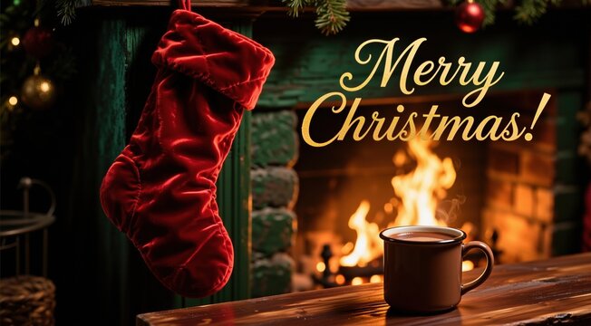 A cozy Christmas scene featuring a red velvet stocking hanging by a rustic fireplace, with a warm mug of cocoa and the text Merry Christmas! glowing over the mantle.