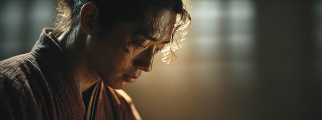 Intense portrait of a reflective warrior deep in thought and contemplation.