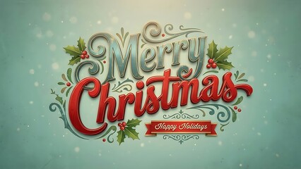 Elegant Merry Christmas text with holly and snowflakes