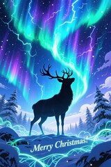 A majestic deer silhouette standing under a vibrant, Northern Lights with a snowy landscape and glowing lines, saying Merry Christmas!