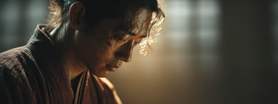 Intense portrait of a reflective warrior deep in thought and contemplation.