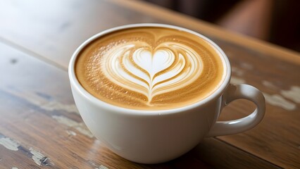 A cup of frothy cappuccino, with a perfect heart-shaped latte art on top.