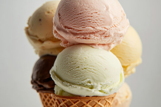 Delicious ice cream cone with multiple scoops of different flavors. A close-up shot of a waffle cone overflowing with scoops of various ice cream flavors, perfect for summer.