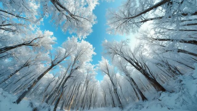 Snowy winter forest with frosted trees and blue sky viewed from below creating a magical seasonal landscape