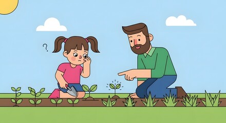 Father and Daughter Gardening Together Learning About Plant Growth