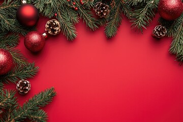 Christmas arrangement of fir branches, red ornaments, pinecones, and berries on a smooth red background, creating festive open space ideal for holiday banners, greeting cards, and seasonal marketing
