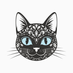 Intricate black cat head with detailed floral patterns and bright blue eyes.