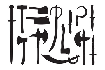 This image displays a collection of medieval weapon silhouettes. Included are various swords, axes, cleavers, a mace, a scythe-like blade, and a dagger. The dark, graphic style emphasizes the distinct