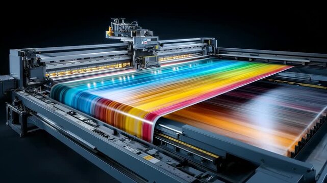 High-tech industrial printer producing vibrant multicolor fabric with precision in modern printing facility