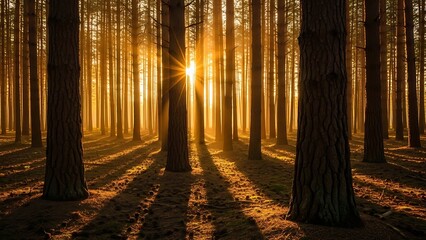 Golden Sunburst Through Misty Pine Forest with Long Shadows at Sunrise.