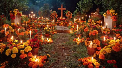 Traditional Day of the Dead cemetery altar with candles, marigolds, and offerings glowing at night ceremony