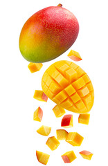 Whole  mango, large slice of mango cut into square pieces and individual cubic and triangular pieces fall in space. Isolated on white