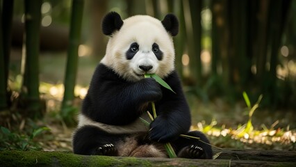 A cute cartoon panda eating bamboo, 2D animation, white background