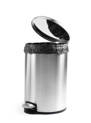 One metal trash bin with plastic bag isolated on white