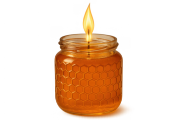Honeycomb patterned jar candle with glowing flame, natural beeswax creating warm light on transparent background