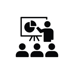 Business person giving seminar or conference presentation with chart and graph analysis on screen training workshop audience vector