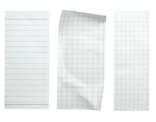 Three white paper sheets 1 lined, 1 crumpled grid, 1 flat grid