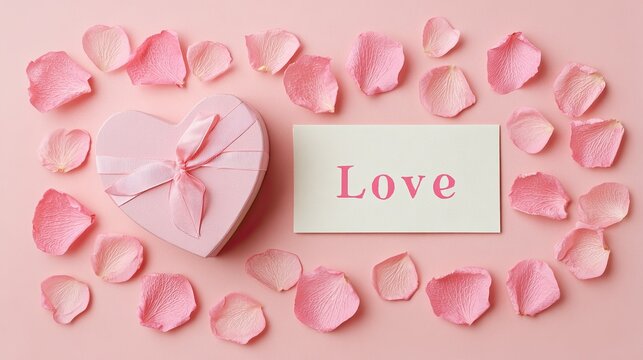 Pink heart gift box with ribbon, rose petals, and love message card on pastel background for Valentine