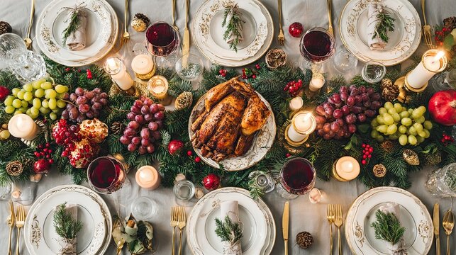 Elegant Christmas dinner table setting with roasted chicken, candles, grapes, and festive decorations - Powered by Adobe