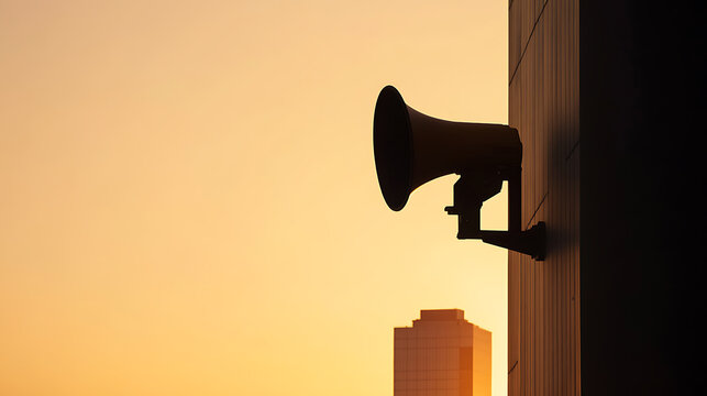 Urban communication silhouette: a megaphone affixed to a building against a golden sky, symbolizing announcements and alerts in the city landscape. Modern architecture backdrop. - Powered by Adobe