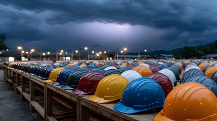Fototapeta premium Rows of colorful safety helmets arranged outdoors under a dramatic stormy sky with lightning in the distance