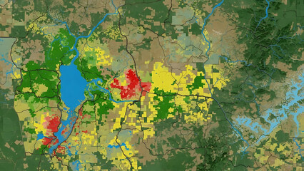 Overlay map illustrating urban areas and natural land, with bodies of water and roads