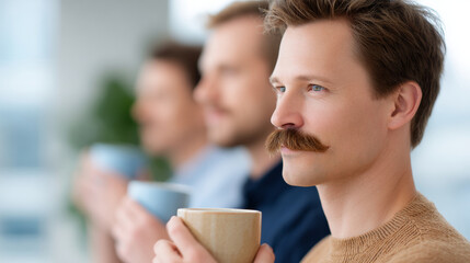 Three men with mustaches holding coffee mugs in a row, focused on the foreground man with a contemplative expression indoors