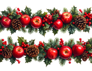 Two festive garlands with red apples, holly, pinecones & berries