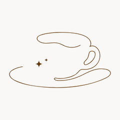 An outline coffee cup with brown stars on a white background. Perfect for menus, packaging, logos, stickers, cafe decor, and design projects. Image. Template. Vector. Design. One-line art.