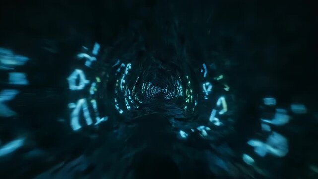 A dark tunnel of unknown origin stretches inward, illuminated by blurred, blue glowing characters. The tunnel's surface appears rough