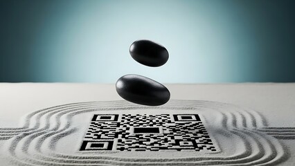 Modern zen garden with floating stones and QR code design for technology promotion or innovative business concepts, creating a peaceful and dynamic atmosphere,Generated Image