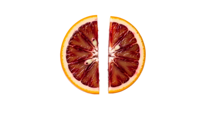 Split Blood Orange Halves PNG. Two cut citrus fruit sections showing deep red flesh. Fresh organic ingredient for juice pressing and healthy food photography isolated