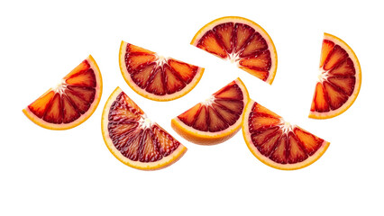 Falling Blood Orange Wedges PNG. Flying red citrus fruit quarters. Dynamic fresh ingredient for fruit salad, juice packaging, and healthy food design isolated