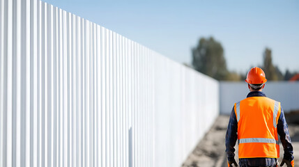 Construction worker in hard hat and safety vest stands near a long, pristine white fence, inspecting the structure on a bright day with blue sky. He is ensuring safety.