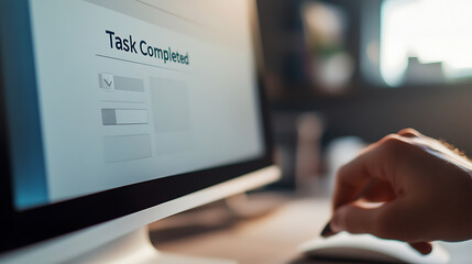Task completed notification on a modern monitor, symbolizing efficiency and success. A hand hovers near a mouse, ready for the next project. Focus is on progress.