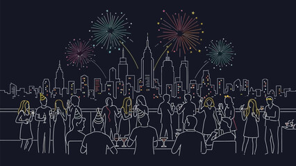 People celebrating new year's eve with fireworks over a city skyline illustration