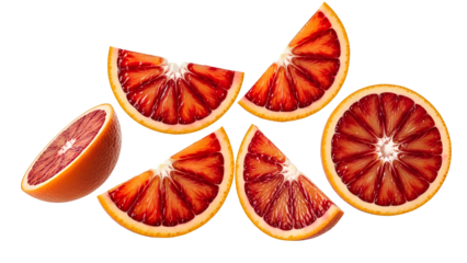 Falling Blood Orange Slices PNG. Flying cut red citrus fruit sections. Dynamic fresh ingredient for salad, cocktail, and healthy food advertising isolated
