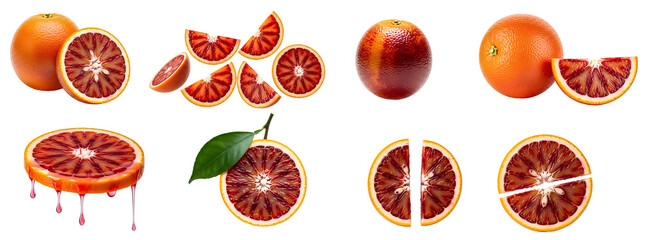 Blood Orange Fruit Set PNG. Collection of whole, sliced, dripping, and halved red citrus fruits. Fresh organic variety pack for juice packaging and summer design isolated