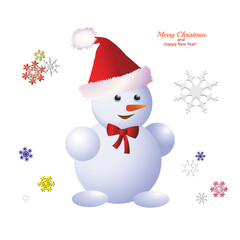 A cute cartoon snowman in a red Santa hat, colorful snowflakes and a festive Christmas inscription. New Year's card or banner design elements set. Holiday decor collection isolated on a white.
