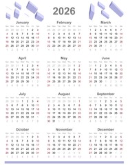 Calendar vector template for 2026 year. Week Starts on Sunday. JPEG version.
