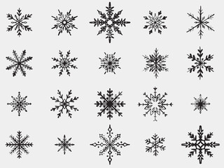 Hand drawn snowflake designs. Unique snowflakes patterns for winter, holiday, and seasonal design. Christmas decoration. Vector sketch illustration in vintage crayon charcoal style.