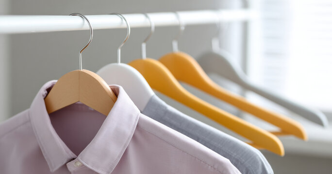 Close-up of pastel-colored shirts hanging on wooden and plastic hangers on a white clothing rack in a bright room