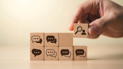 Building a customer profile hand placing block with magnifying glass icon on stack of wooden blocks representing customer data