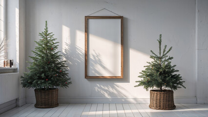 Obraz premium Minimalist Christmas Interior with Two Pine Trees and Empty Wooden Frame