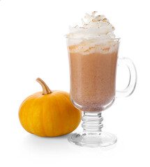 Warm pumpkin latte with whipped cream and fresh vegetable isolated on white